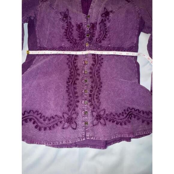 Inca Cottons Artsy Shirt Purple Embroidered Button Up Layering Fall Lacey Size L - Picture 8 of 8